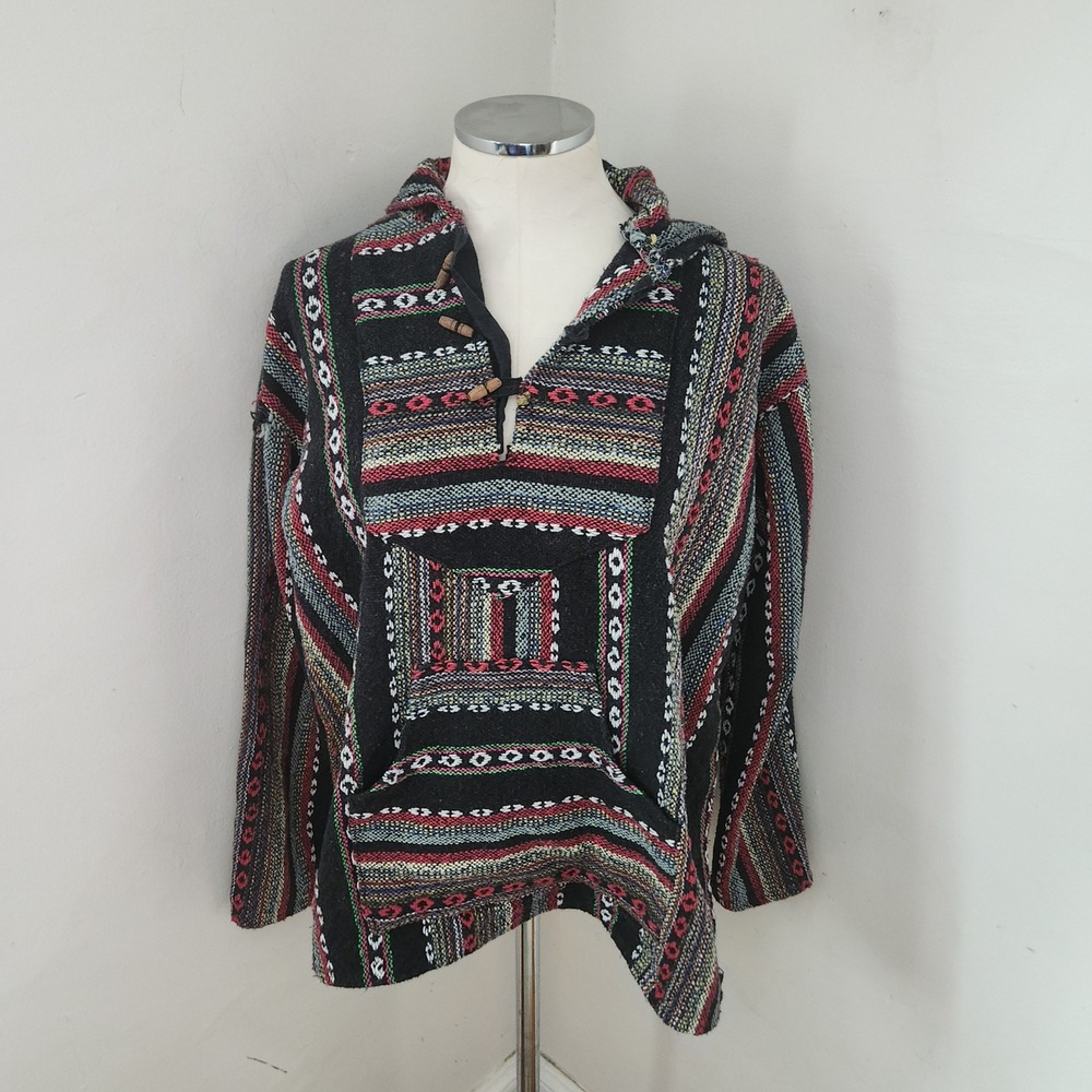 Baja‎ Hoodie Pullover Multi Color Woven Stripe Medium